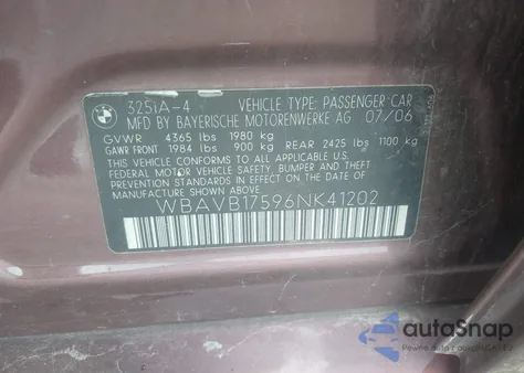 2006 BMW 325I z USA, uszkodzony, nr VIN WBAVB17596NK41202